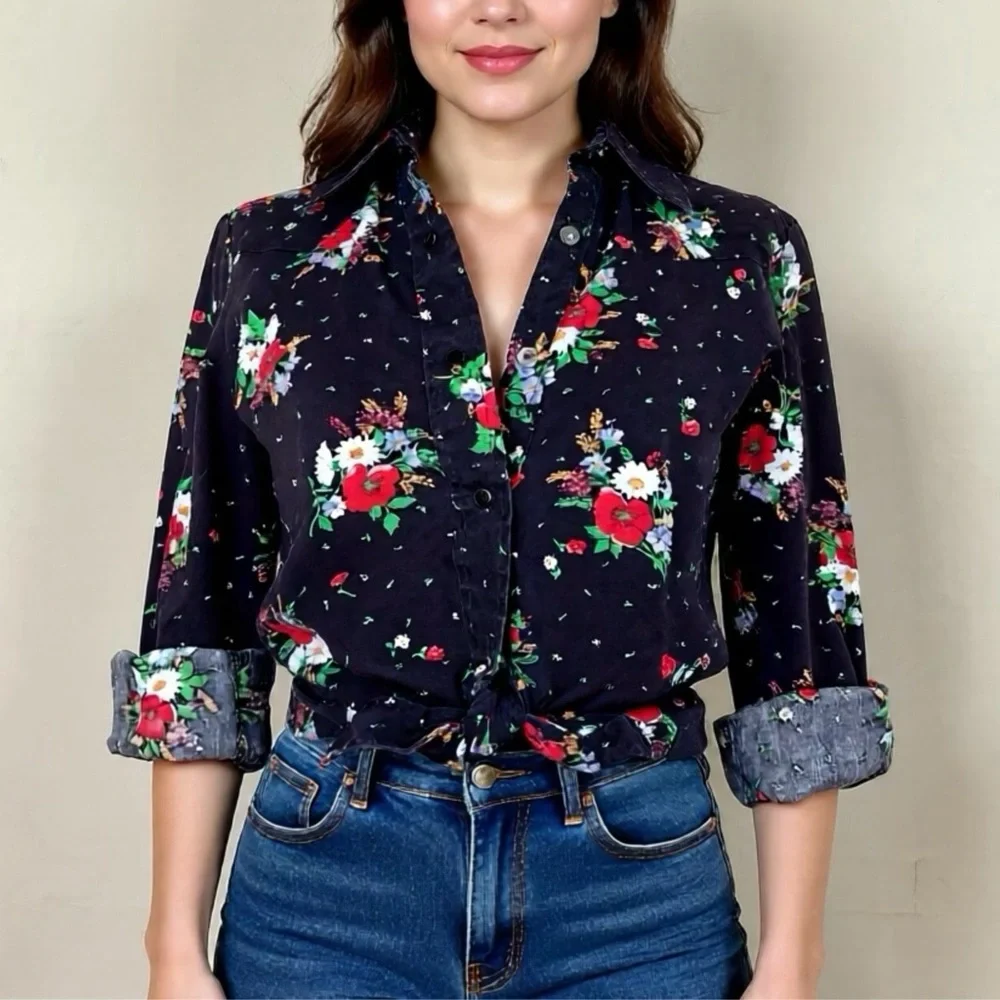 vintage 1950s western shirt black pearl snaps floral print dagger collar hippie - Picture 1 of 14